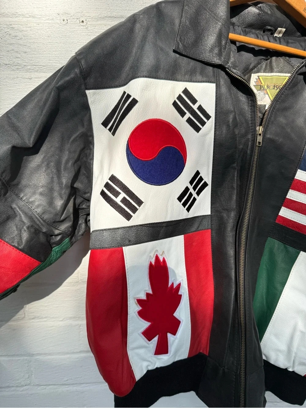 NWT PHASE 2 Vintage 90s Leather Bomber Jacket International Flag Hip Hop Medium